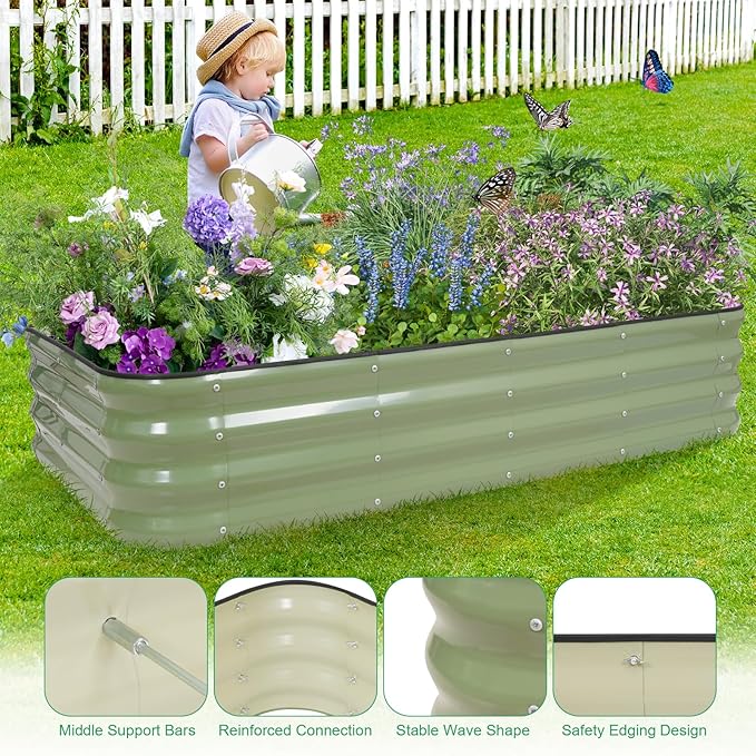 1MORE Raised Garden Bed -5X3X1 Galvanized Planter Box for Outdoor Gardening,4 in 1 Modular Raised Bed Kit with Protective Tape, Gloves for Herb，Ideal for Vegetables and Plants.Green-2Pcak