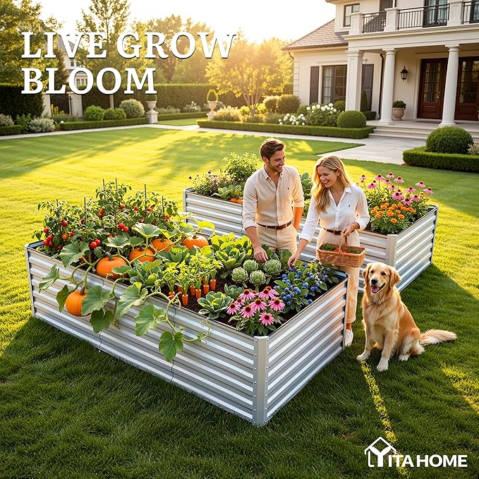 YITAHOME 8x4x2ft Large Raised Garden Bed Kit, Galvanized Metal Planter Box with Gloves, Ground Nails, Support Rod & Safety Rubber, Outdoor Above Ground Planters for Plants Vegetables Flowers, Silver