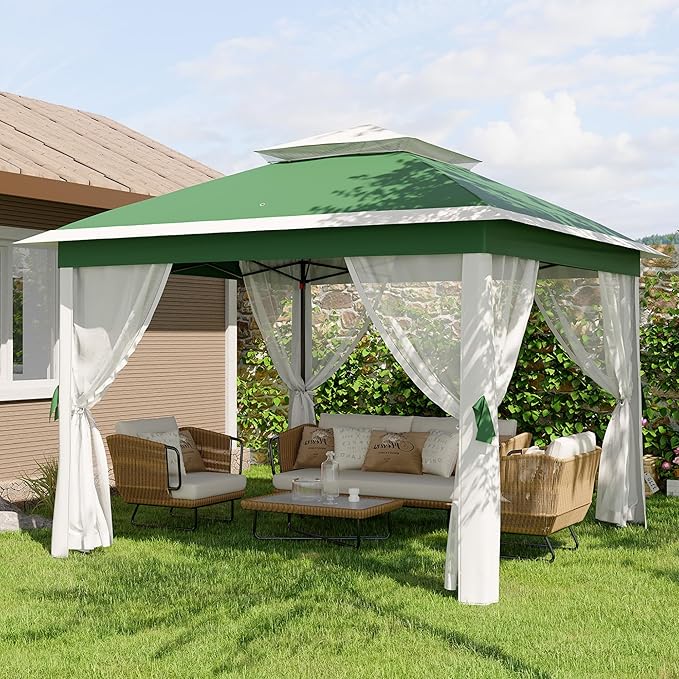 11'x11 Pop-Up Gazebo, Instant Outdoor Canopy Tent with Mosquito Nettings, Durable Steel Frame, Water, and UV Proof, for Patio, Garden, Courtyard, Party (Green)