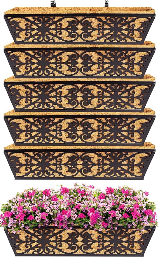 6 Pack 24 Inch Window Boxes Planters Railing Planter Box with Adjustable Brackets & Coco Liners Fabric Plant Grow Bags Deck Railing Planter Boxes Balcony Hanging Flower Box for Outdoor Plants
