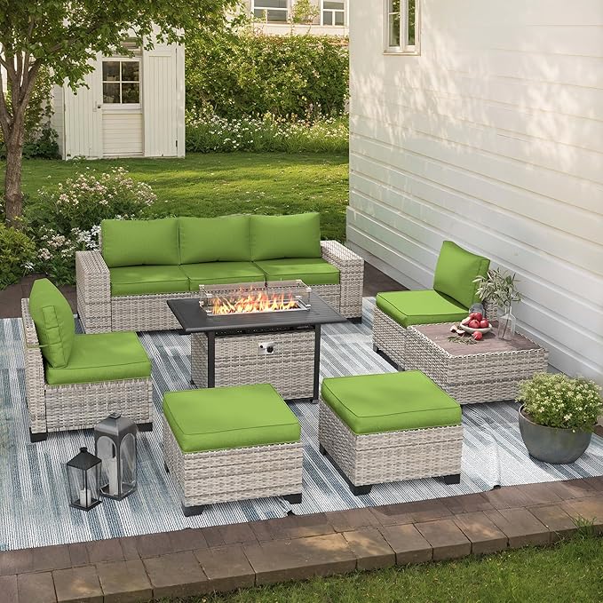 9-Piece Outdoor Patio Furniture Set with 55,000 BTU Fire Pit Table, PE Wicker Rattan Sectional Sofa Patio Conversation Set with Ottomans & Coffee Table, Avocado Green
