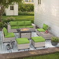 9-Piece Outdoor Patio Furniture Set with 55,000 BTU Fire Pit Table, PE Wicker Rattan Sectional Sofa Patio Conversation Set with Ottomans & Coffee Table, Avocado Green