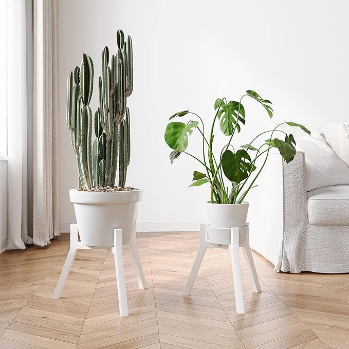 Adjustable Plant Stands Set of 2, Metal Small Plant Holder, Heavy Duty Stable Flower Holder Stand Rack for Various Pot Sizes Indoor Outdoor Corner Living Room Balcony Office White PS-007WH-2