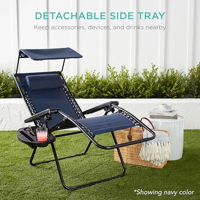 Best Choice Products Folding Zero Gravity Outdoor Recliner Patio Lounge Chair w/Adjustable Canopy Shade, Headrest, Side Accessory Tray, Textilene Mesh - Snow