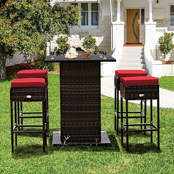 Tangkula 5 Piece Outdoor Rattan Bar Set, Patio Bar Furniture with 4 Cushions Stools and Smooth Top Table with Hidden Storage Shelf, Outdoor Conversation Set for Poolside, Backyard, Lawn (Red)