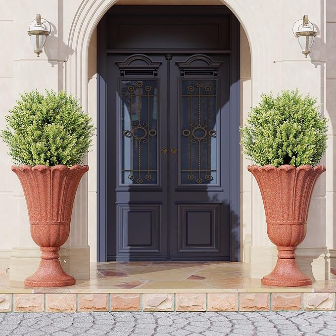 23" Tall Planters for Outdoor Plants Set of 2, Planter with Drainage Holes and Petal Design, Large Outdoor Planters for Porch, Garden, Indoor, Red