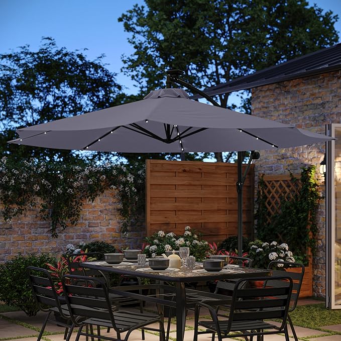 Flash Furniture Sedona Round Solar Cantilever Umbrella, Commercial Grade with Built in Cross Base, Crank and Tilt, 32 LED Lights, 6 Hour Run Time, 10 FT, Gray