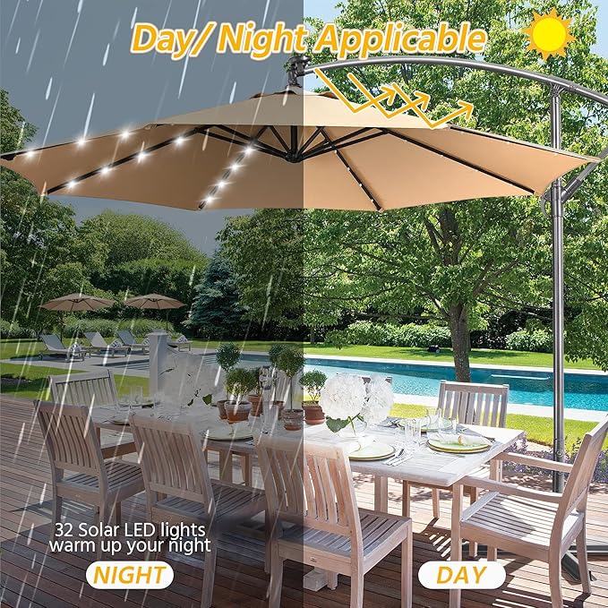 Yaheetech 10FT Solar Offset Umbrella with 32 LED Lights Cantilever Hanging Outdoor Umbrellas Handy Crank & Cross Base for Lawn/Deck/Backyard/Pool Tan