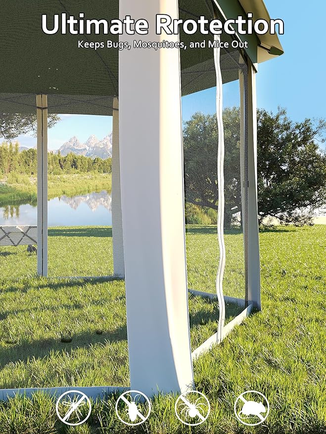 Garvee Pop Up Gazebo Screen Tent,Hexagonal Instant Gazebo Tent with Mosquito Netting Outdoor Canopy,6 Sided Sun Shelter 13x13ft with Mesh Netting,Pavilion Tents for Patio,Green+Beige