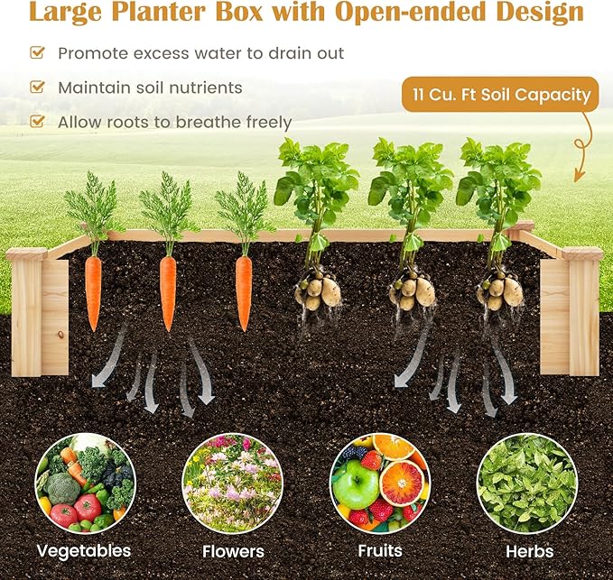 Giantex Raised Garden Bed, 49"x49"x10" Wood Planter Box Kit w/Compost Bin & Open-Ended Bottom for Vegetables, Flowers, Herbs, Fruits, Elevated Square Planting Bed for Patio, Backyard, Garden