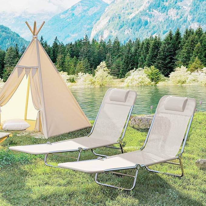 Outsunny 2 Piece Folding Chaise Lounge Chairs, Pool Sun Tanning Chairs with Reclining Back, Breathable Mesh Seat, Headrest for Beach, Yard, Patio, Cream White