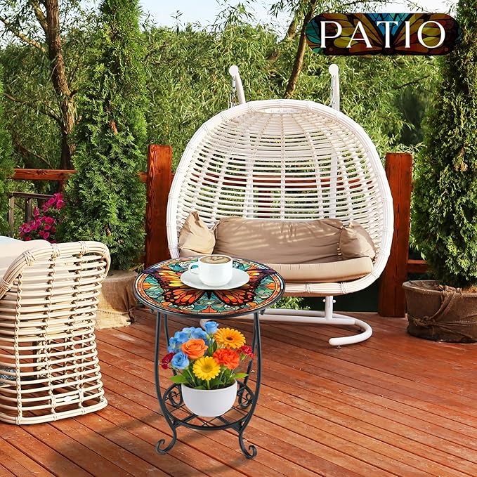 Outdoor Side Table Round Small Mosaic Patio Accent Indoor End Plant Coffee Tea Table for Yard Patio Porch Garden Living Room, Bedroom(Butterfly B Style,12 Inch)