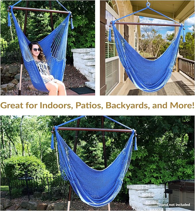 Sunnydaze Outdoor Hammock Chair Swing - Hanging Hammock Swing - Hanging Reading Chair - Soft-Spun Polyester Rope - Caribbean XL - Blue