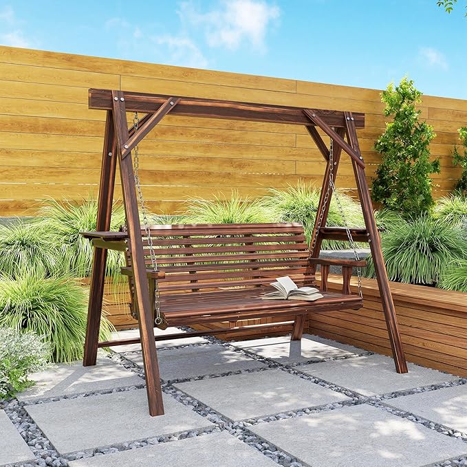 Outsunny 3 Seat Porch Swing with Stand, Wooden Patio Swing Chair with Side Tables and Metal Chains, Outdoor Swing Bench for Garden, Poolside, Backyard, Carbonized Brown