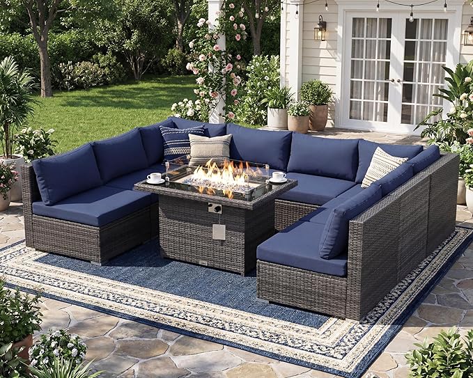 NICESOUL Extra Large 9 Pcs Outdoor Patio Furniture Set with Fireplace Natural Gas/Propane, 29.3'' High Back Modular Sectional Sofas, Modern Conversations for Outside, 2 Color Cushion Royal Blue &Grey