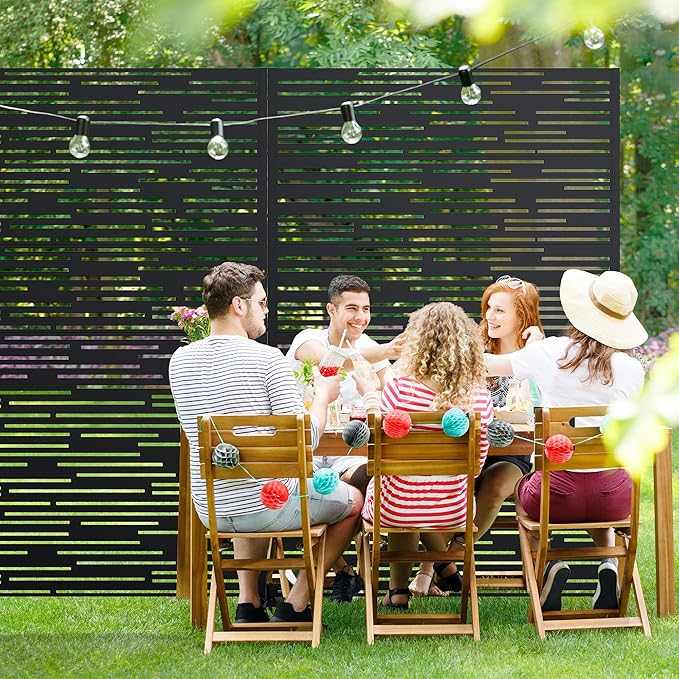 Casaphoria Metal Privacy Screen Outdoor, 72" H x 47" W Freestanding Decorative Privacy Screen for Patio Deck Balcony Garden with Stable Base, Shine Black