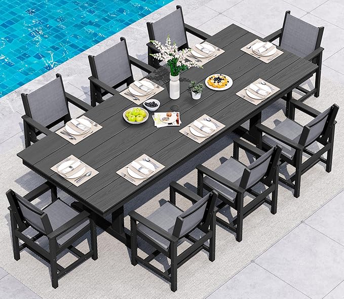 SERWALL 9 Piece Outdoor Dining Set, 84" HDPE Outdoor Large Table and Texilene Chairs for 8，All Weather Patio Dining Furniture Set with Umbrella Hole for Backyard, Garden, Black
