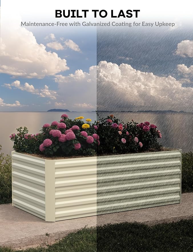 GarveeLife 8x4x2 ft Galvanized Raised Garden Bed, 24" Tall Metal Planter Box for Flowers Vegetables, Rust-Resistant Raised Garden Beds for Gardening, Easy Assembly Outdoor Garden Box & Planters,Beige