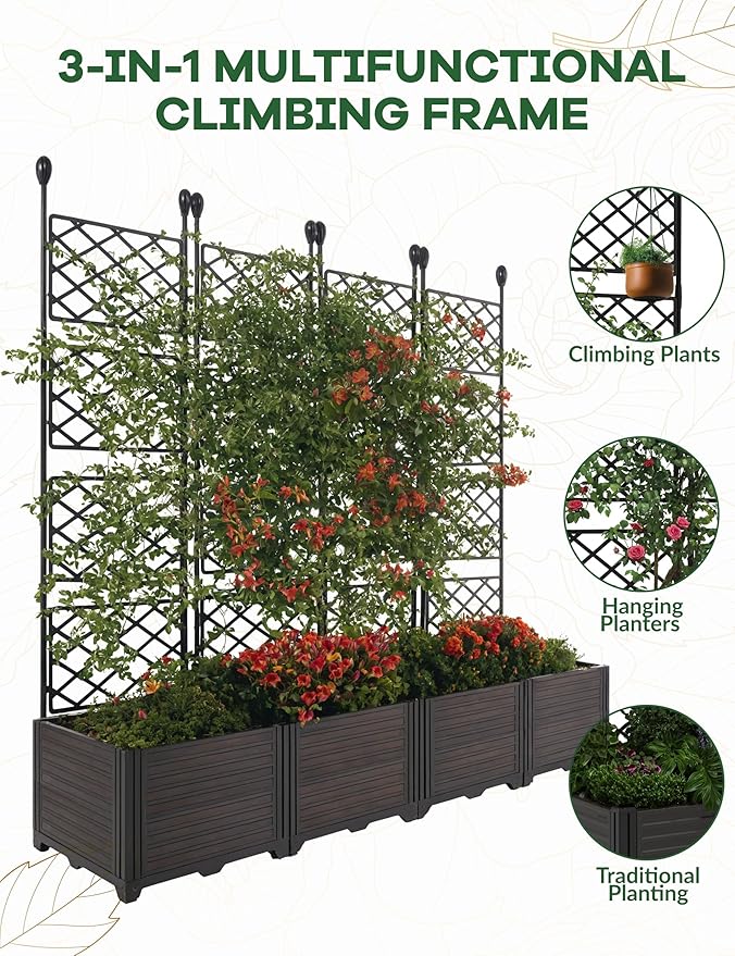 4 PCS Raised Garden Bed with Trellis, 65" LX16 WX63 H Plastic Planter Box for Climbing Plants, Outdoor Vertical Garden with Privacy Screen for Patio, Balcony, Backyard – Sturdy & Lightweight