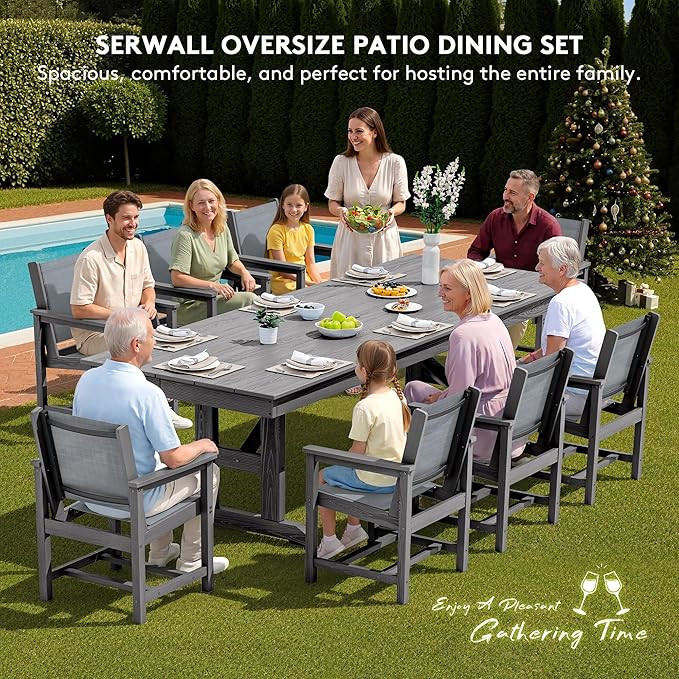 SERWALL 9 Piece Outdoor Dining Set, 84" HDPE Outdoor Large Table and Texilene Chairs for 8，All Weather Patio Dining Furniture Set with Umbrella Hole for Backyard, Garden, Gray