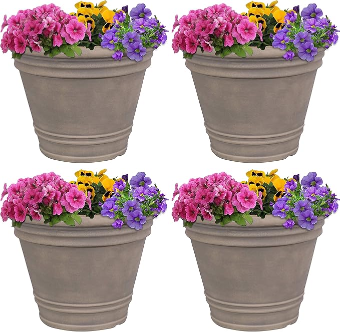 Sunnydaze 20-Inch Franklin Large Plant Pot - Polyresin Round Outdoor Planter with Drillable Drainage Hole - 4 Pack - Beige