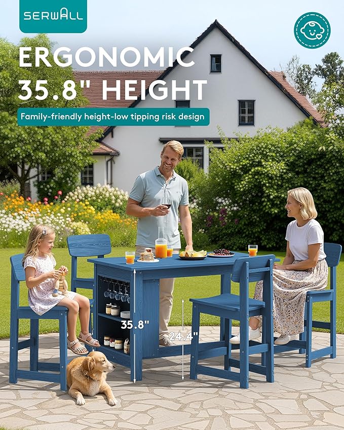 SERWALL Outdoor Bar Table, All Weather HDPE 36" Counter Height Dining Table with Storage and Wine Rack for Patio, Garden, Backyard, Balcony, Poolside, Blue