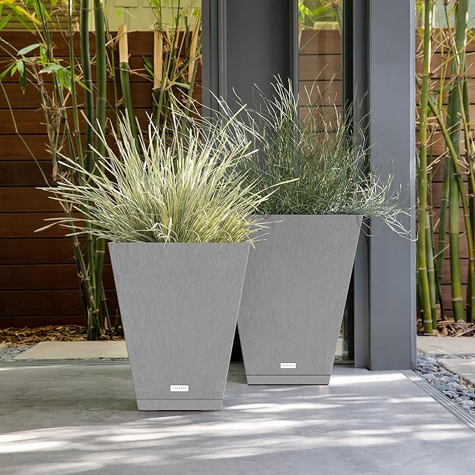 Veradek Nobleton Indoor/Outdoor Wide Square Planter (Light Grey, 22 inch - 2 Pack with 2 Saucer Trays)