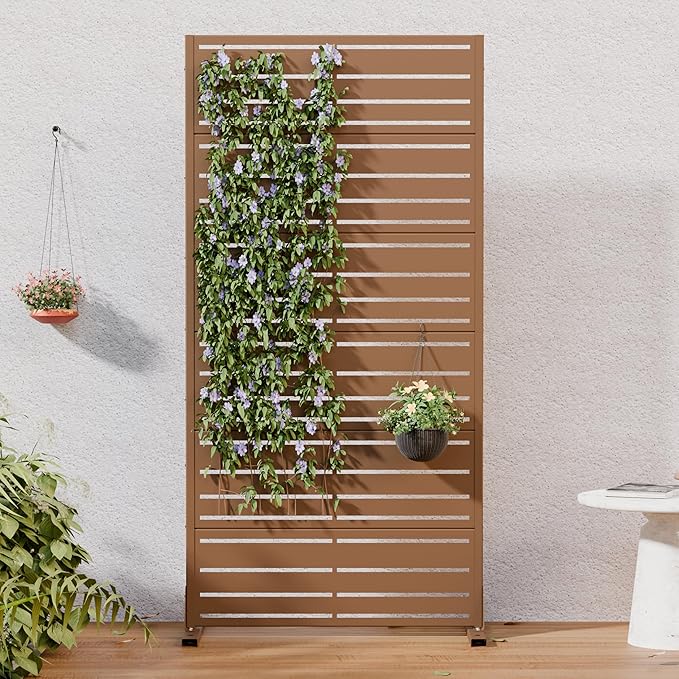 Casaphoria Metal Privacy Screen Outdoor, 72" H x 35" W Freestanding Decorative Privacy Screen for Patio Deck Balcony Garden with Stable Base, Brown-Benjamin