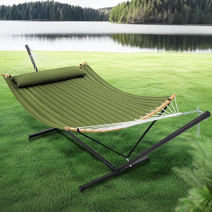 SUPERJARE Curved-Bar Hammock with Stand, 2 Person Heavy Duty Hammock Frame, Detachable Pillow & Portable Carrying Bag, Perfect for Outdoor & Indoor, Spring Green