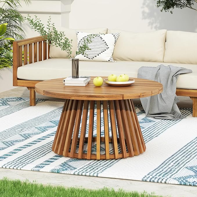 Merax Patio Outdoor Acacia Wood Round Coffee Table for Backyard, Lawn, Balcony, Teak Finish