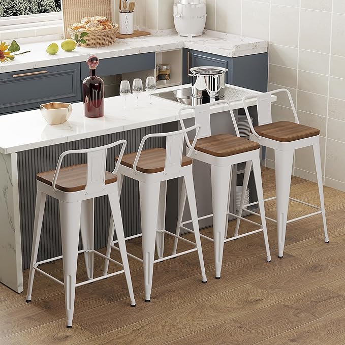 WENTMENT Bar Stools Set of 4 Counter Height Bar Stools Metal Barstools with Removable Back 26" Kitchen Bar Stools with Wooden Seat, Off White
