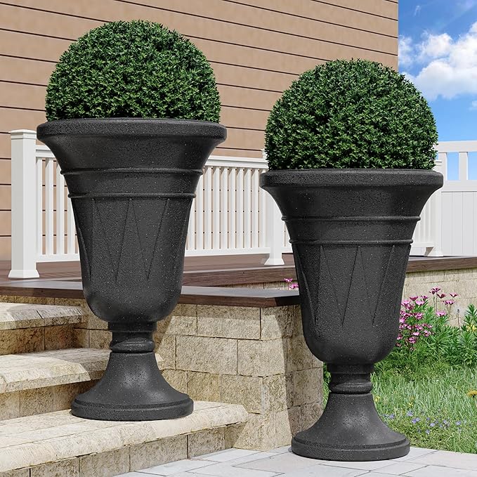 23" Tall Planters for Outdoor Plants Set of 2, Planter with Drainage Holes and Trophy Design, Large Outdoor Planters for Porch, Garden, Black