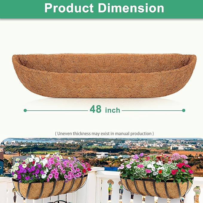 Y&M 48" Coco Liner for Window Box Deck Basket Planter Trough Coconut Fiber Liners, 2pcs Trough Coco Liner Pre-Formed Replacement