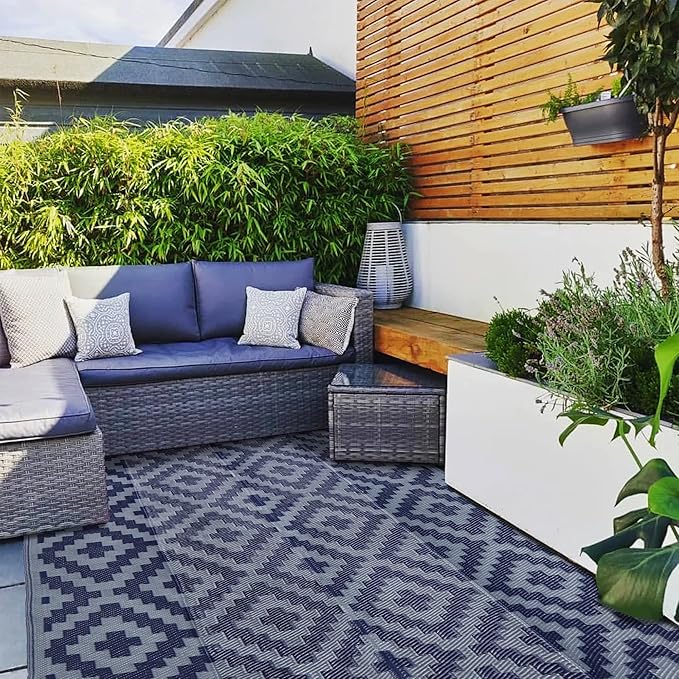 SAND MINE Reversible Mats, Plastic Straw Rug, Modern Area Rug, Large Floor Mat and Rug for Outdoors, RV, Patio, Backyard, Deck, Picnic, Beach, Trailer, Camping (5' x 8', Blue Grey Lattice)