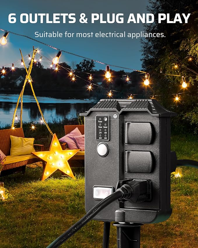 DEWENWILS Outdoor Power Stake Timer Waterproof, 6 Grounded Outlets, 6FT Extension Cord, 100FT Wireless Remote Control, Photocell Dusk to Dawn Timer for Lights, Yard, Garden, UL Listed