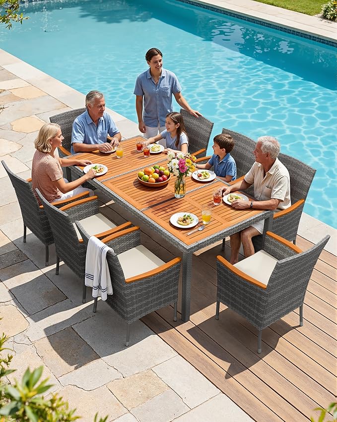 Flamaker 9 Piece Patio Dining Set Outdoor Acacia Wood Table and Chairs with Soft Cushions Wicker Patio Furniture for Deck, Backyard, Garden (Grey)
