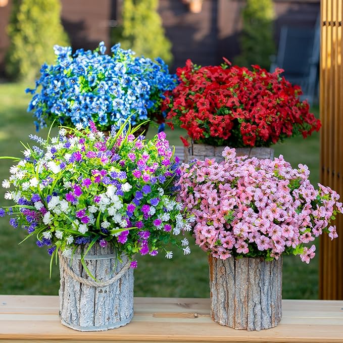 Artificial Flowers for Outdoors Fake Plants - 16 Bundles Faux Outside Greenery Boxwood No Fade Plastic Shrubs Fall Decor Farmhouse Home Garden Thanksgiving Mums (Pink)