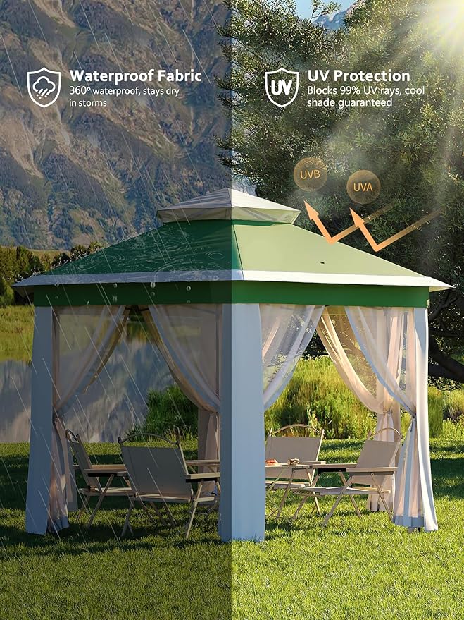 Garvee Pop Up Gazebo Screen Tent,Hexagonal Instant Gazebo Tent with Mosquito Netting Outdoor Canopy,6 Sided Sun Shelter 13x13ft with Mesh Netting,Pavilion Tents for Patio,Green+Beige