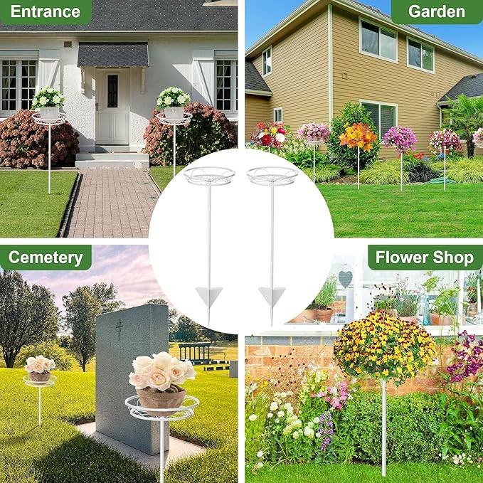 Tellingyou 2 Pack Adjustable Outdoor Flower Pot Stand, Metal Outdoor Plant Stands, Spring Summer Versatile Plant Stand Garden Stake for Display Plants, Elegant Solution for Landscaping Decor (White)