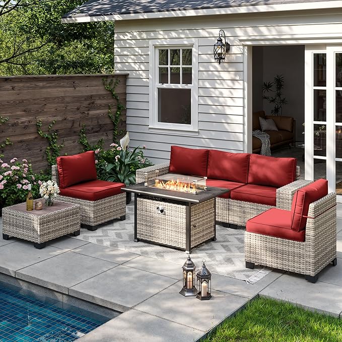 7-Piece Outdoor Patio Furniture Set with 55,000 BTU Fire Pit Table, PE Wicker Rattan Sectional Sofa Patio Conversation Set with Thickened Cushions & Coffee Table, Red