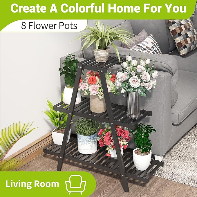 BMOSU Plant Stand Bamboo for Indoor Outdoor Tiered Plant Shelf 8 Potted Flower Holder Ladder Rack Garden Balcony Living Room Patio(3 Tier Black)