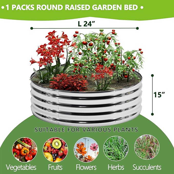 2x2x1.3FT Galvanized Raised Garden Bed Kit,Vegetable Boxes-Round Metal Flower Box,Large Planter Raised Beds Outdoor Garden for Planting,Fruit,Herb-Silver