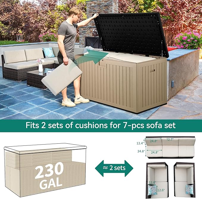 YITAHOME XXL 230 Gallon Large Deck Box,Outdoor Storage for Patio Furniture Cushions,Garden Tools and Pool Equipment with Flexible Divider,Waterproof,Lockable (Black&Brown)
