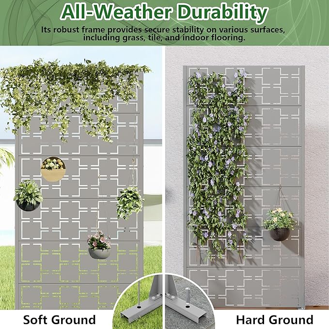 Casaphoria Metal Privacy Screen Outdoor, 72" H x 35" W Freestanding Decorative Privacy Screen for Patio Deck Balcony Garden with Stable Base, Grey-Square