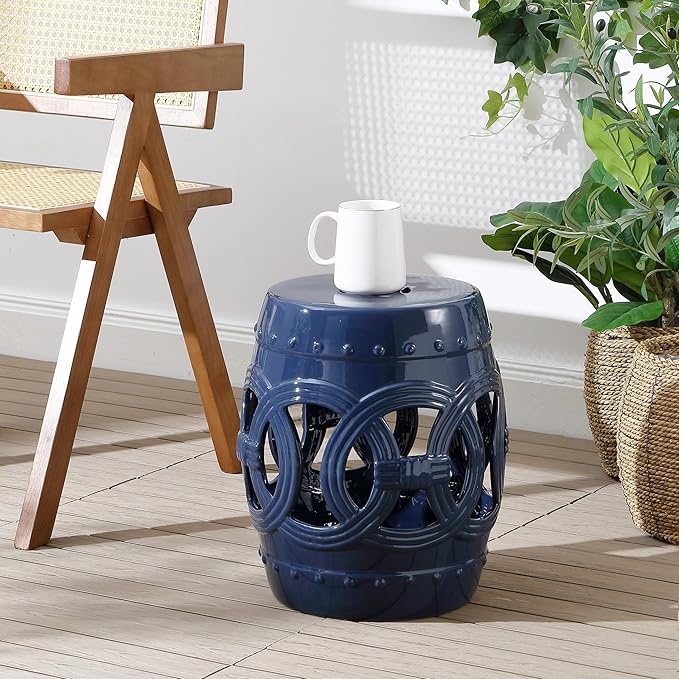 JONATHAN Y TBL1022B Lucky Coins 16" Chinese Ceramic Drum Indoor/Outdoor Garden Stool Bohemian, Coastal, Classic, Cottage, French Country, Traditional, Side Table, Plant Stand, Spill-Proof, Navy