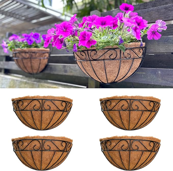 LaLaGreen Outdoor Wall Planters, 4 Pack, 14 Inch Large Balcony Planter Railings Hanging, Rail Flower Basket with Coco Liner English Horse Trough Black Metal Wire Succulent Pot Holder Deck Porch Garden