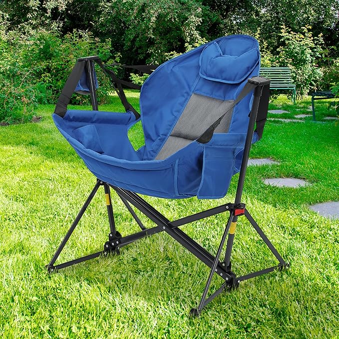 Ainfox Hammock Camping Chair, Foldable Portable Rocking Chairs for Adults Outside Swinging Camp with Cup Holder Pillow for Outdoor Patio Poolside (Blue)