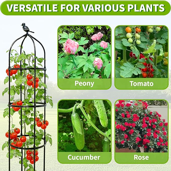 6FT Garden Obelisk Trellis for Climbing Plants,Adjustable 4-Tier Metal Plant Support,Rustproof Outdoor Plant Tower with 3 Decorative Tops for Roses,Tomatoes,Clematis & Vines,Black