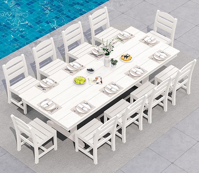 SERWALL 11 Piece Outdoor Dining Set, 84" HDPE Outdoor Table and Chairs for 10，All Weather Patio Furniture Set with Umbrella Hole for Backyard, Garden, White