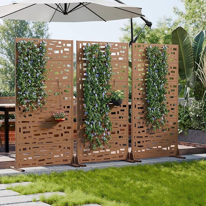 Casaphoria Metal Privacy Screen Outdoor, 72" H x 35" W Freestanding Decorative Privacy Screen for Patio Deck Balcony Garden with Stable Base, Brown-Geral